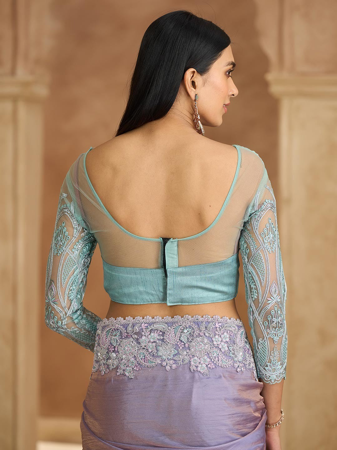 Party Perfect Lavender Chiffon Saree with Shimmering Sequin and Thread Embroidery - Image 2