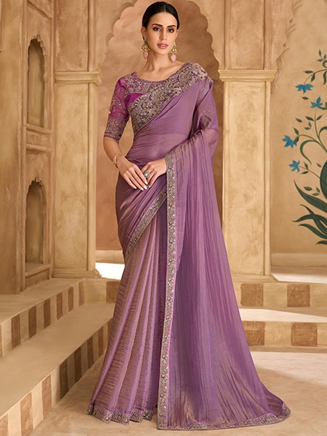 Party Perfect Purple Georgette Saree with Shimmering Sequin and Thread Embroidery - Image 1