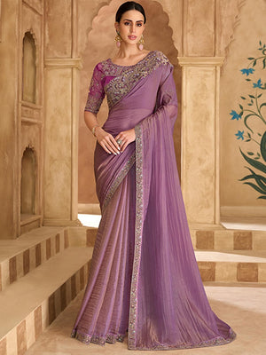 Party Perfect Purple Georgette Saree with Shimmering Sequin and Thread Embroidery - Image 1