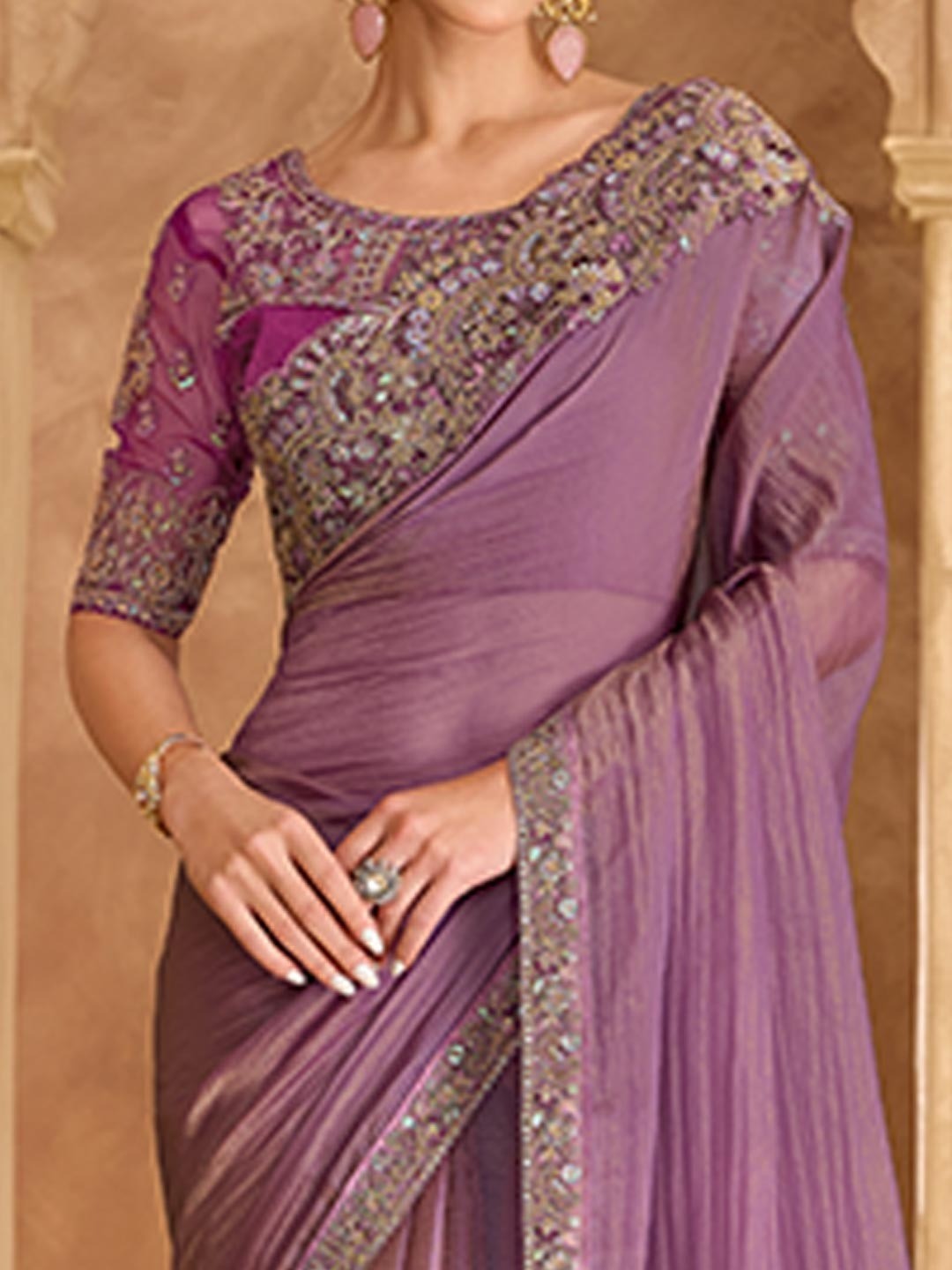 Party Perfect Purple Georgette Saree with Shimmering Sequin and Thread Embroidery - Image 5