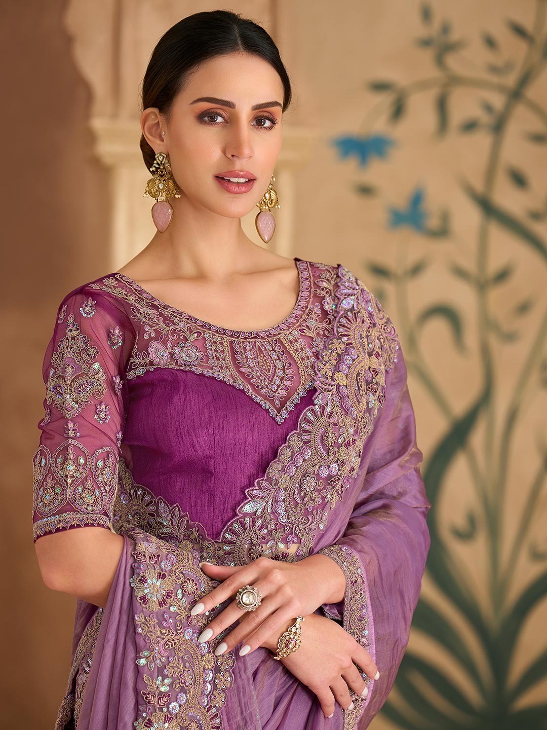 Party Perfect Purple Georgette Saree with Shimmering Sequin and Thread Embroidery - Image 3