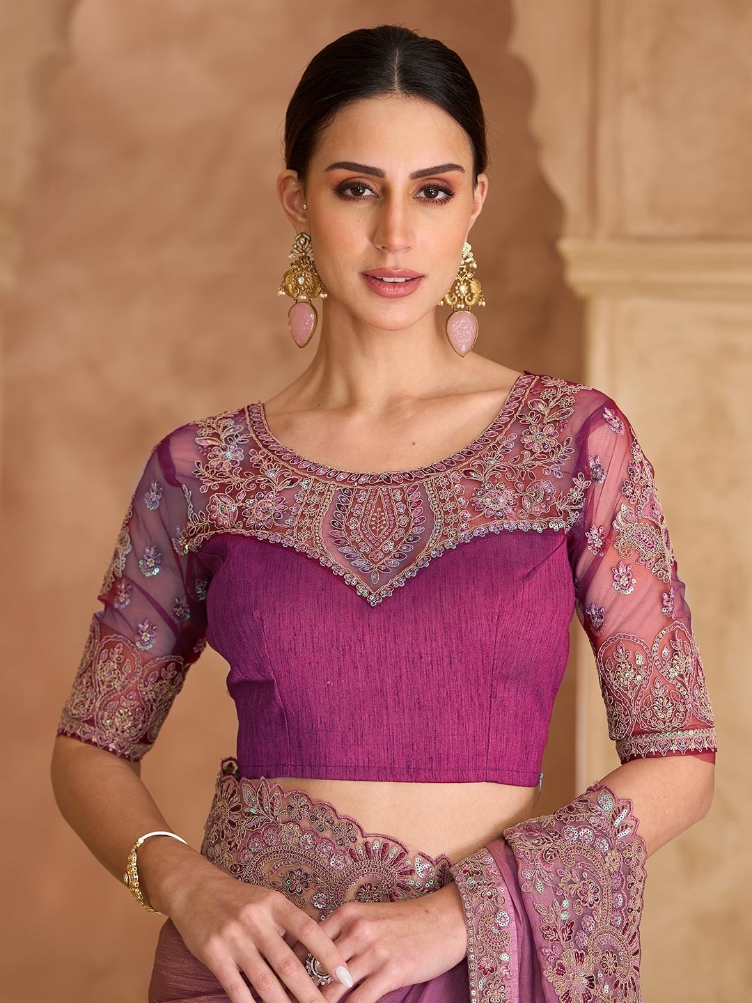 Party Perfect Purple Georgette Saree with Shimmering Sequin and Thread Embroidery - Image 3