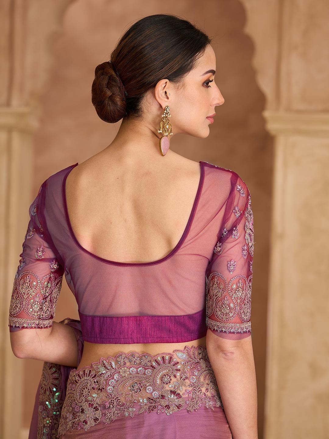 Party Perfect Purple Georgette Saree with Shimmering Sequin and Thread Embroidery - Image 2