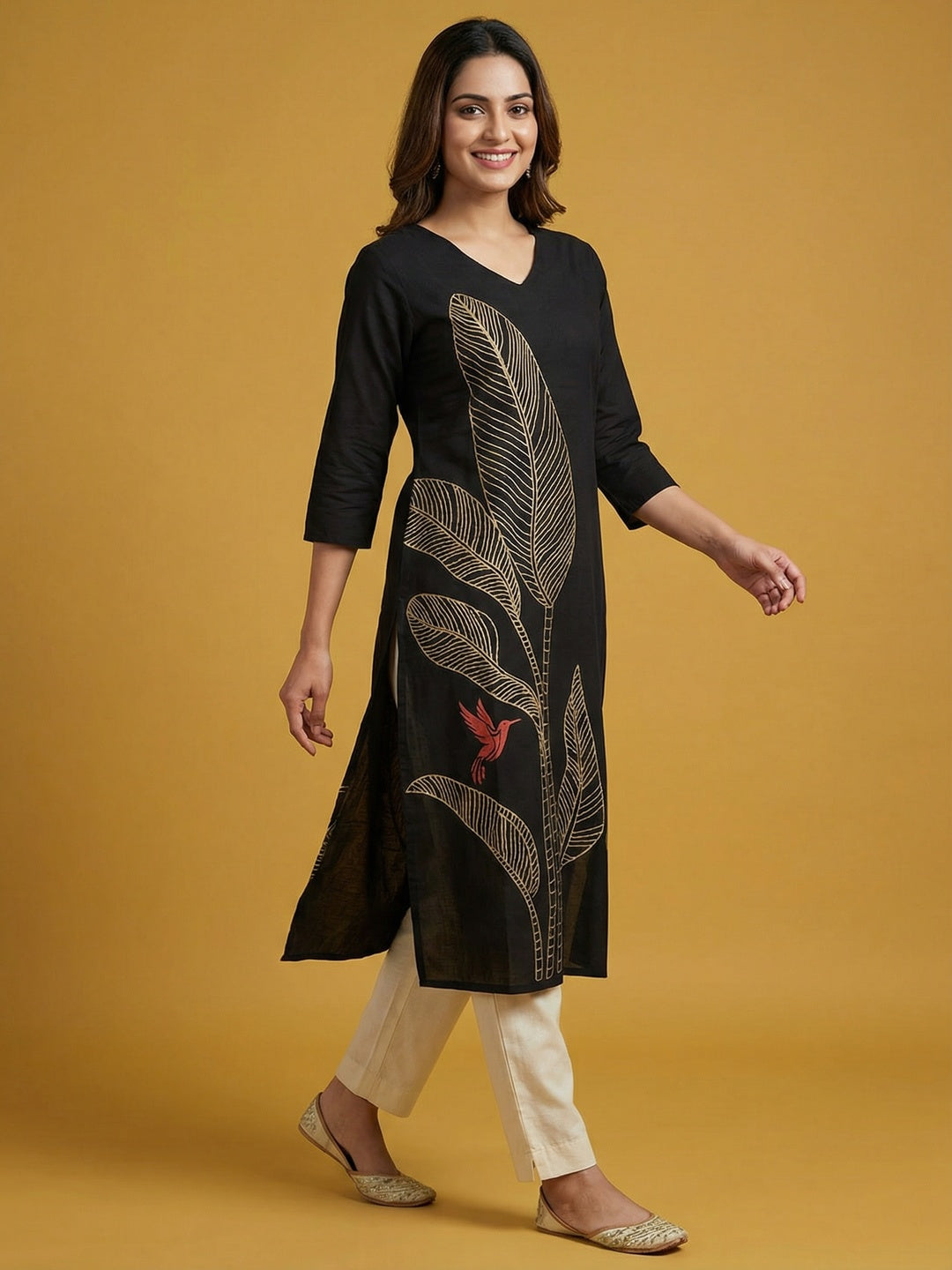 Black Pure Cotton Kurti with Leaf Print Design and Timeless Minimal Styling - Image 5