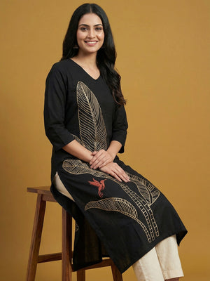 Black Pure Cotton Kurti with Leaf Print Design and Timeless Minimal Styling - Image 2