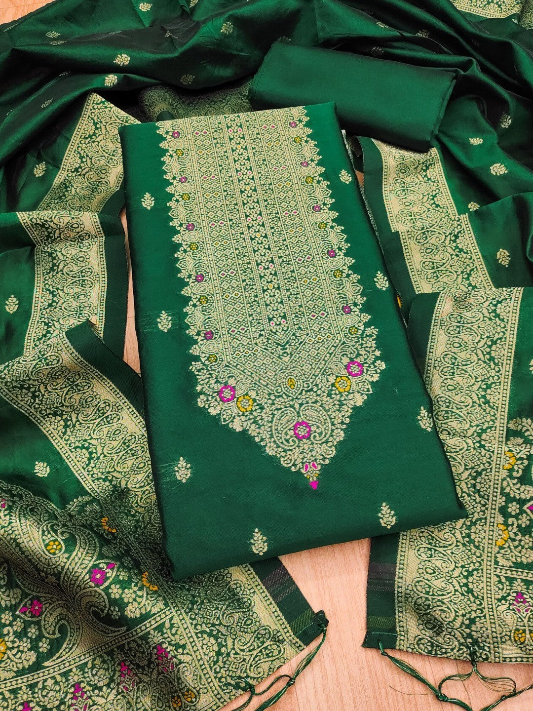 Premium Bottle Green Banarasi Silk Dress Material With Opulent Floral & Paisley Motif Zari Weaving - Image 1