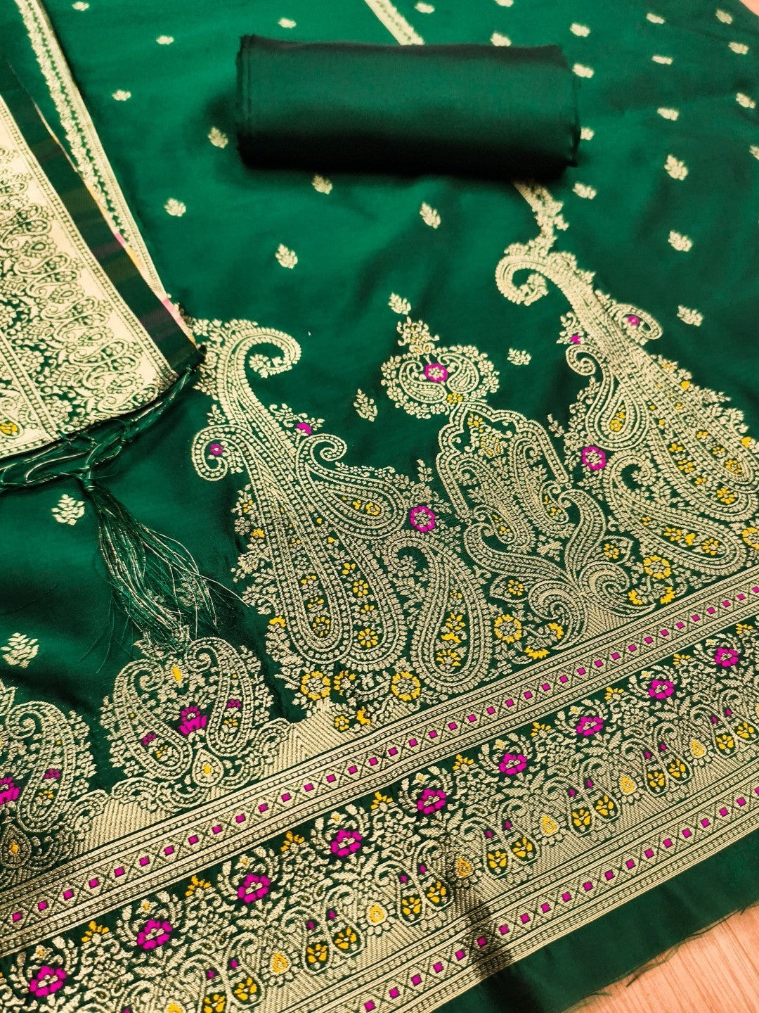 Premium Bottle Green Banarasi Silk Dress Material With Opulent Floral & Paisley Motif Zari Weaving - Image 5