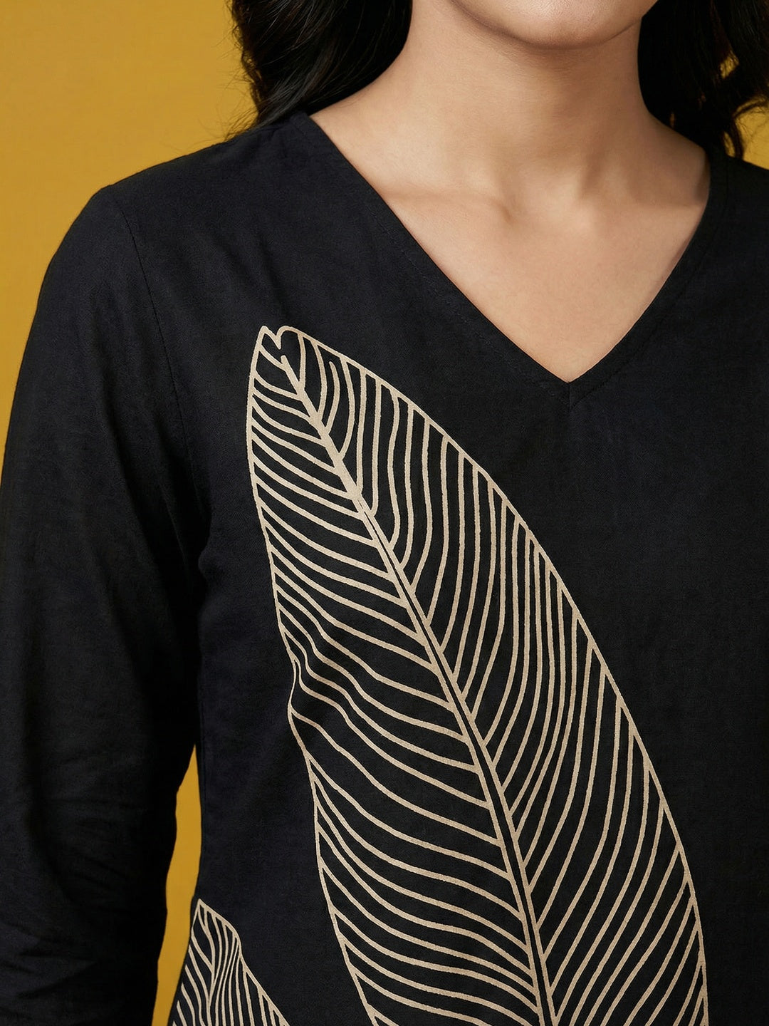 Black Pure Cotton Kurti with Leaf Print Design and Timeless Minimal Styling - Image 2