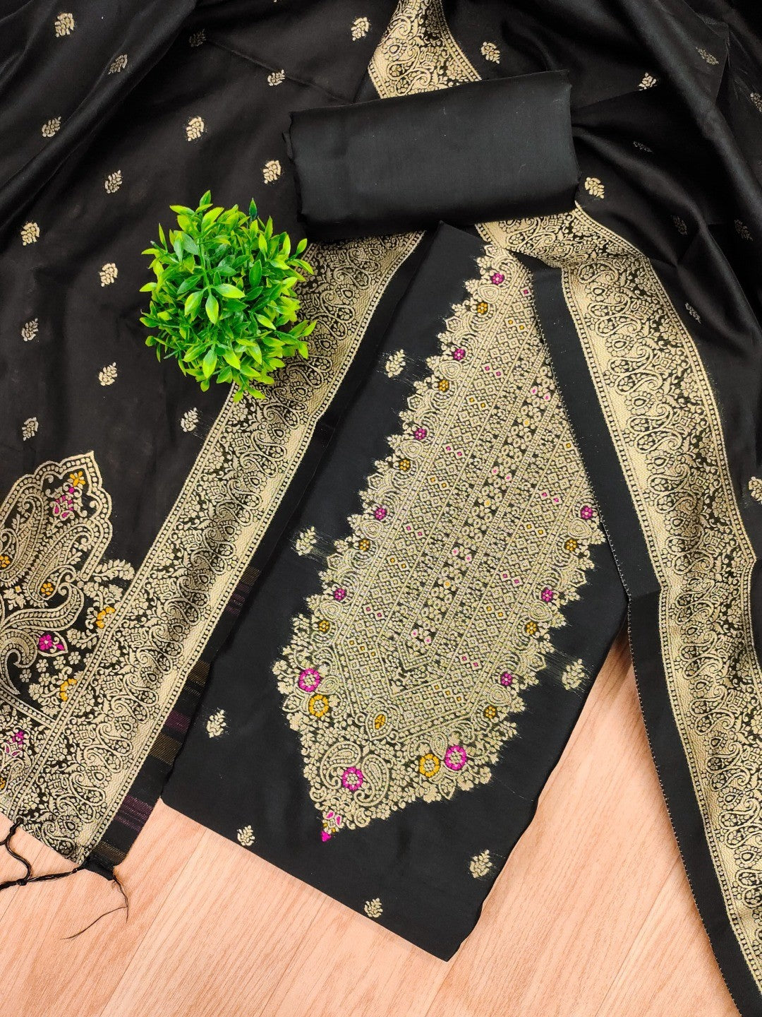Premium Black Banarasi Silk Dress Material With Opulent Floral & Paisley Motif Zari Weaving - Image 1