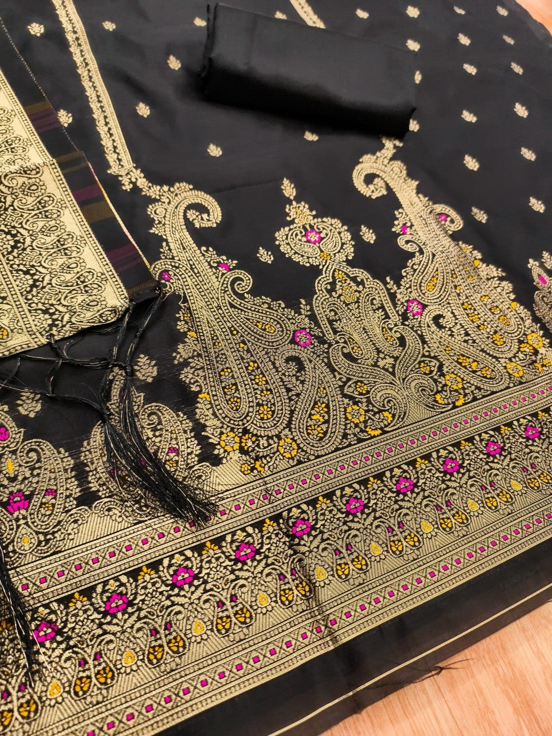Premium Black Banarasi Silk Dress Material With Opulent Floral & Paisley Motif Zari Weaving - Image 2