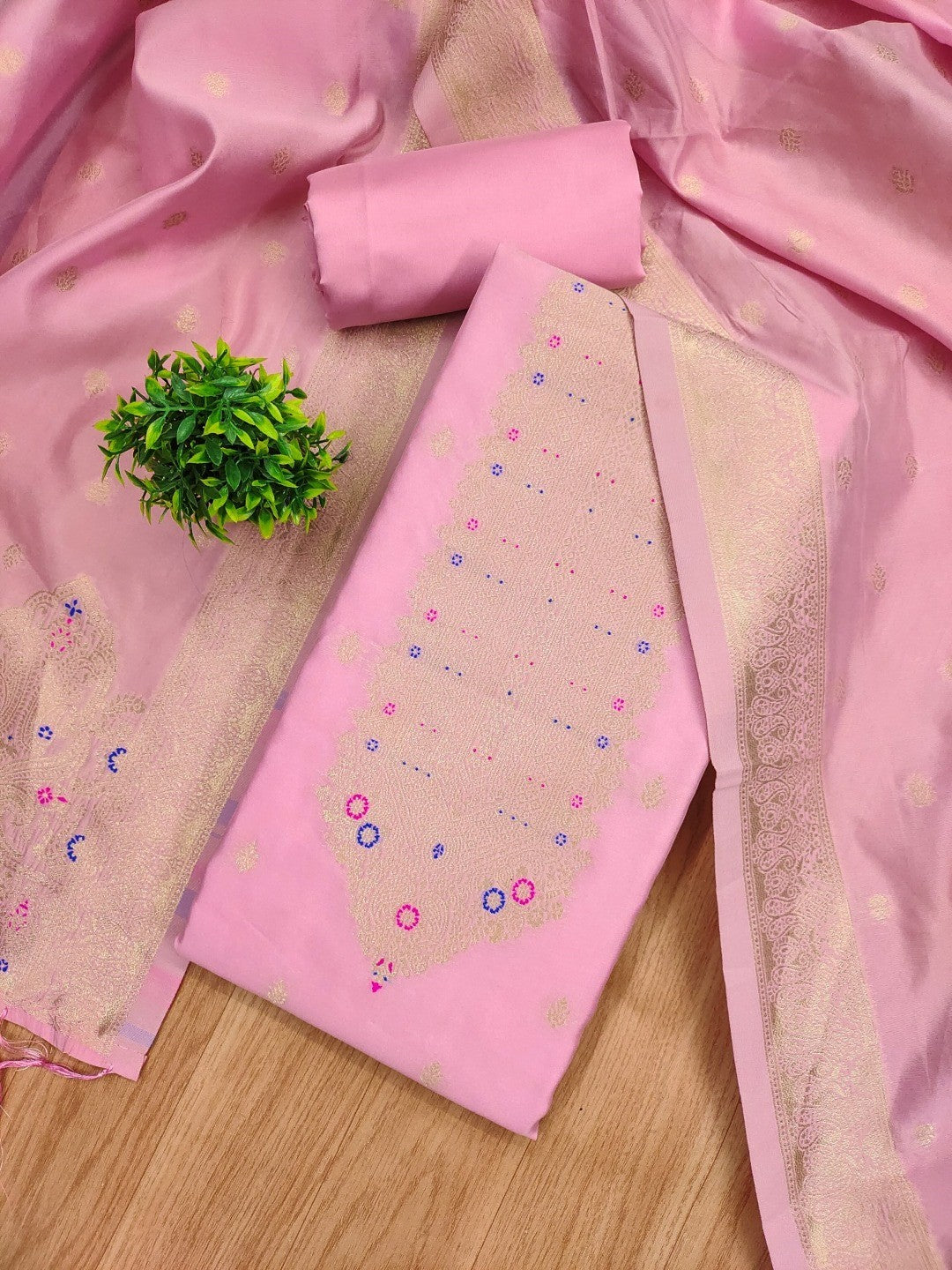 Premium Pink Banarasi Silk Dress Material With Opulent Floral & Paisley Motif Zari Weaving - Image 1
