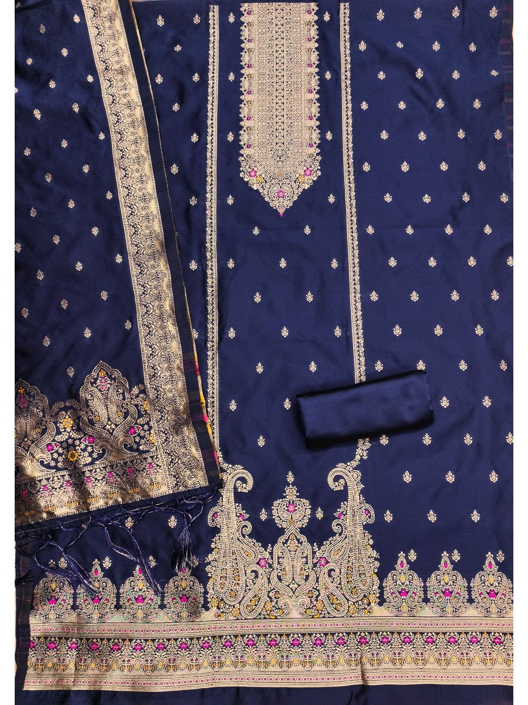 Premium Navy Blue Banarasi Silk Dress Material With Opulent Floral & Paisley Motif Zari Weaving - Image 2