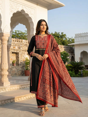 Black Pure Cotton Salwar Suit with Ajrakh Printed Dupatta and Refined Pattern Detailing - Image 1