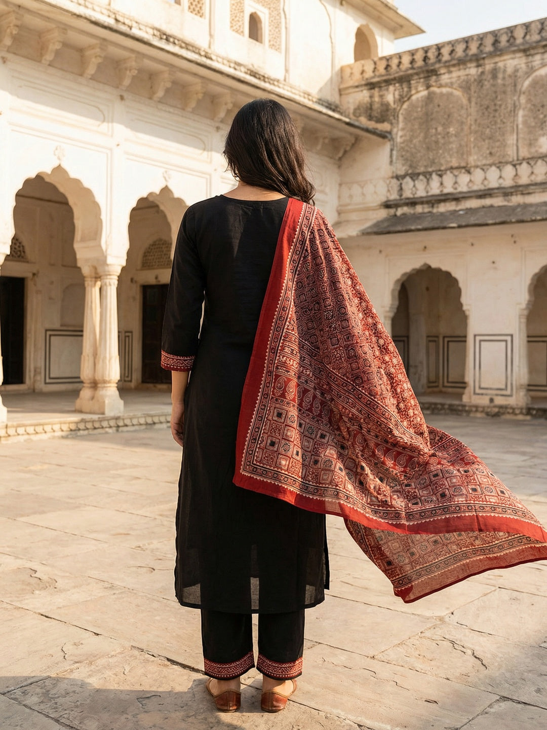 Black Pure Cotton Salwar Suit with Ajrakh Printed Dupatta and Refined Pattern Detailing - Image 3