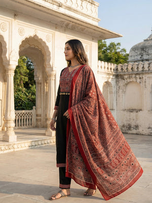 Black Pure Cotton Salwar Suit with Ajrakh Printed Dupatta and Refined Pattern Detailing - Image 2