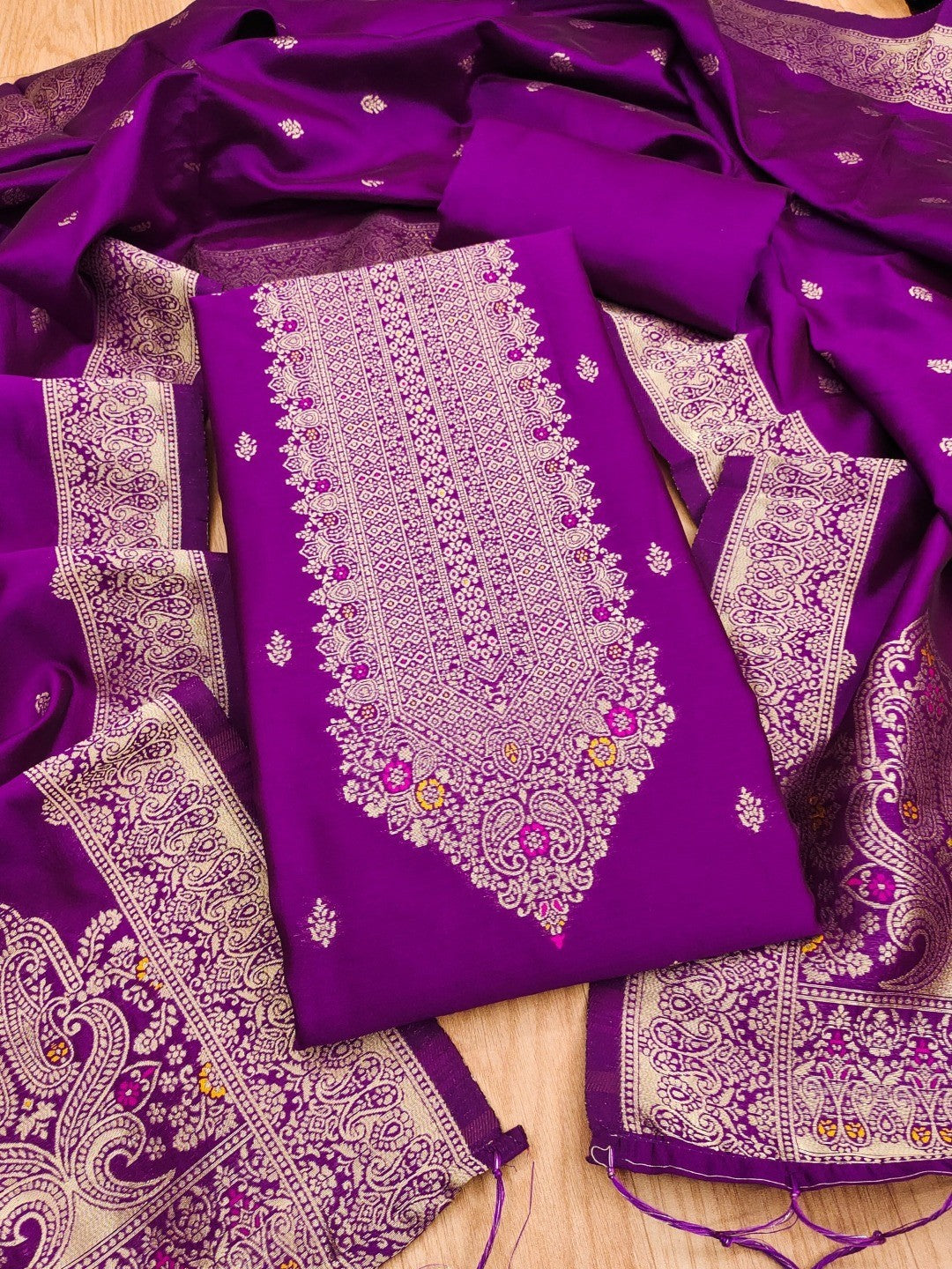 Premium Purple Banarasi Silk Dress Material With Opulent Floral & Paisley Motif Zari Weaving - Image 1