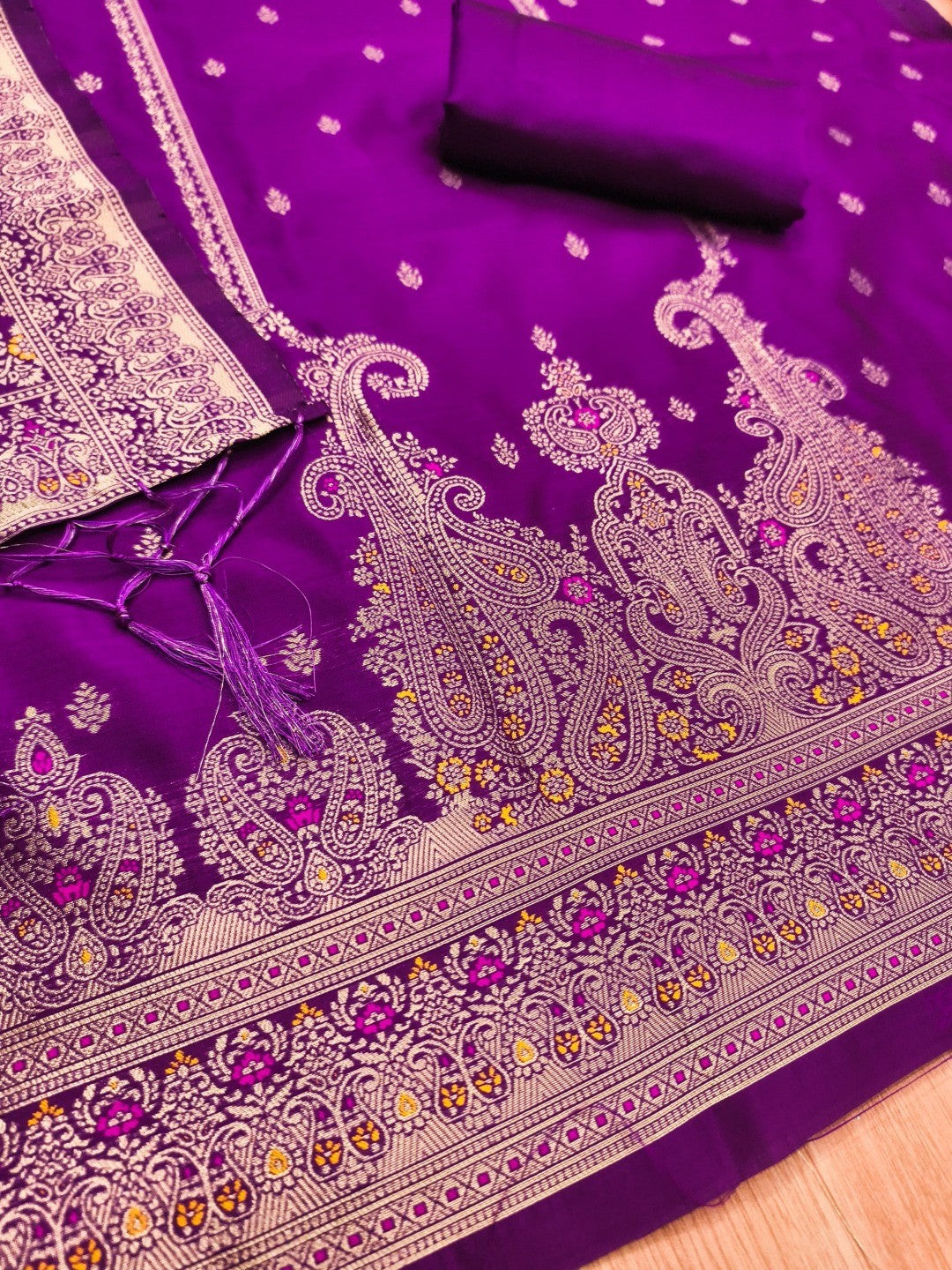 Premium Purple Banarasi Silk Dress Material With Opulent Floral & Paisley Motif Zari Weaving - Image 2