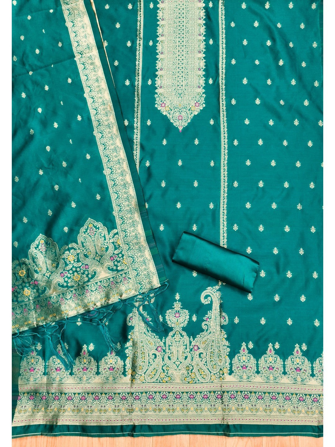 Premium Rama Blue Banarasi Silk Dress Material With Opulent Floral & Paisley Motif Zari Weaving - Image 3