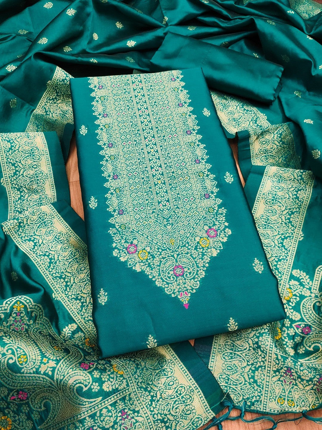 Premium Rama Blue Banarasi Silk Dress Material With Opulent Floral & Paisley Motif Zari Weaving - Image 1