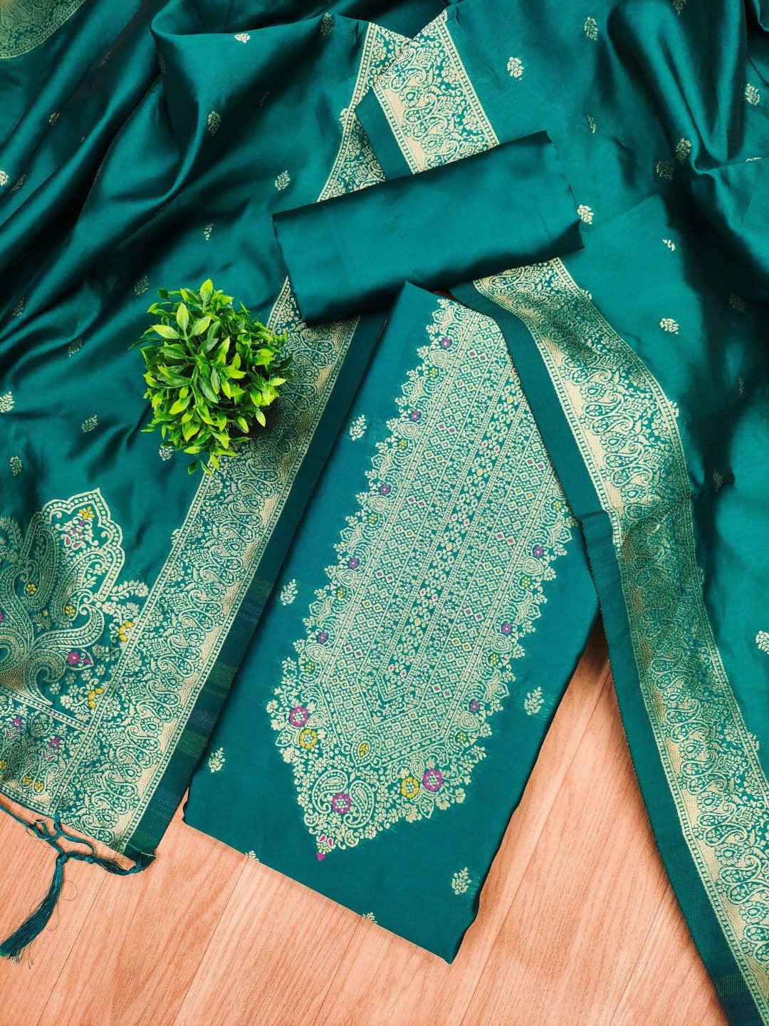 Premium Rama Blue Banarasi Silk Dress Material With Opulent Floral & Paisley Motif Zari Weaving - Image 4