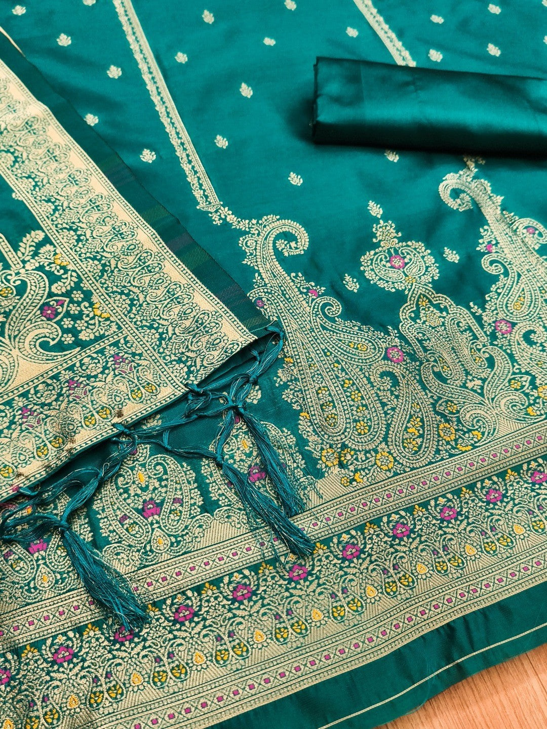 Premium Rama Blue Banarasi Silk Dress Material With Opulent Floral & Paisley Motif Zari Weaving - Image 5