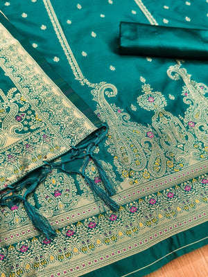 Premium Rama Blue Banarasi Silk Dress Material With Opulent Floral & Paisley Motif Zari Weaving - Image 2