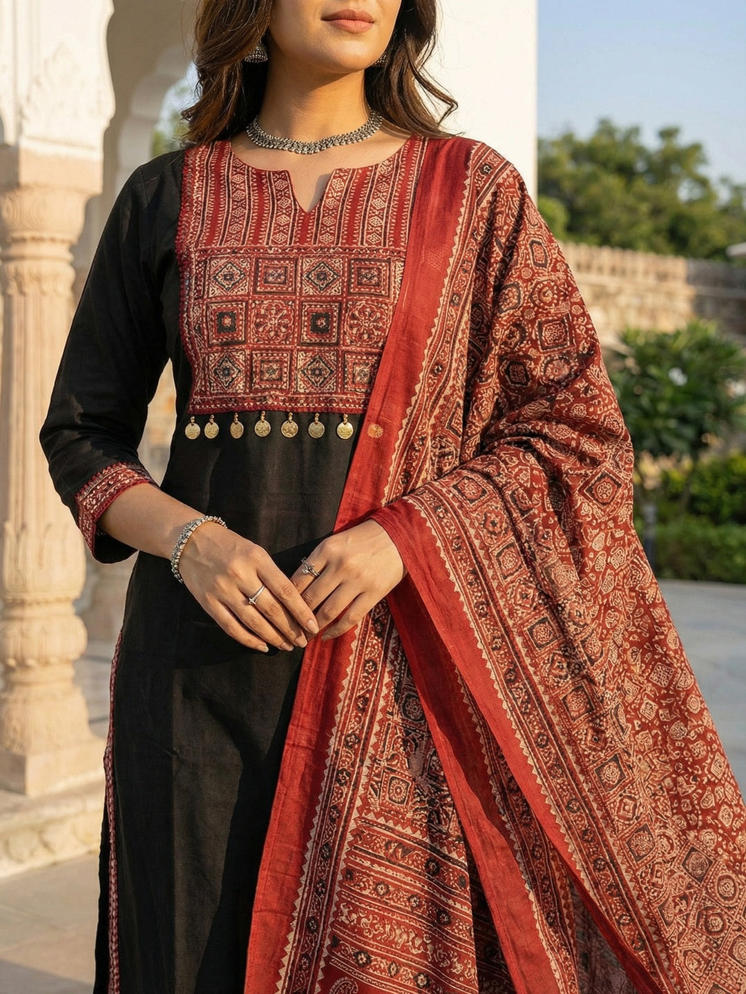 Black Pure Cotton Salwar Suit with Ajrakh Printed Dupatta and Refined Pattern Detailing - Image 2