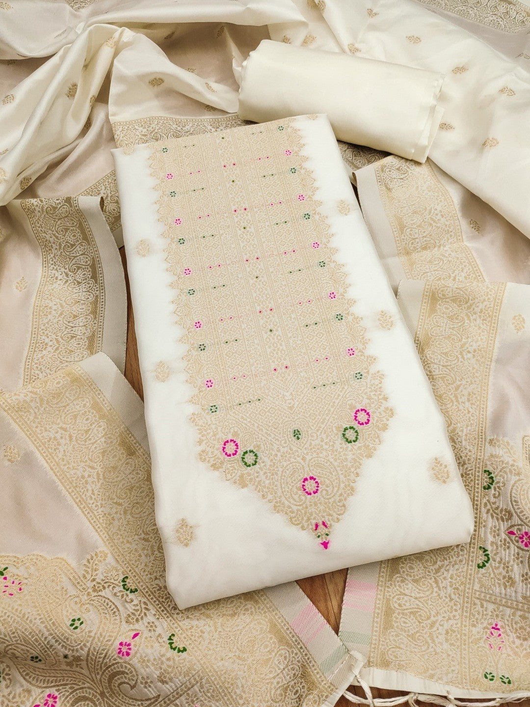 Premium Offwhite Banarasi Silk Dress Material With Opulent Floral & Paisley Motif Zari Weaving - Image 1