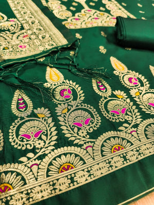 Luxurious Bottle Green Banarasi Silk Dress Material Showcasing Rich Floral Zari Weaving Design - Image 2