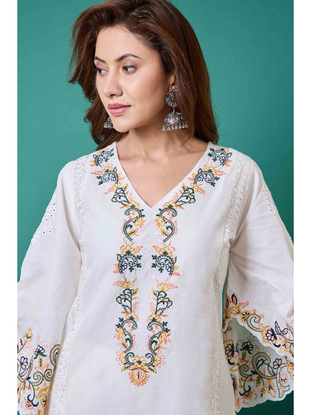 White Floral Embroidery Pure Cotton Co-Ord Set - Image 8