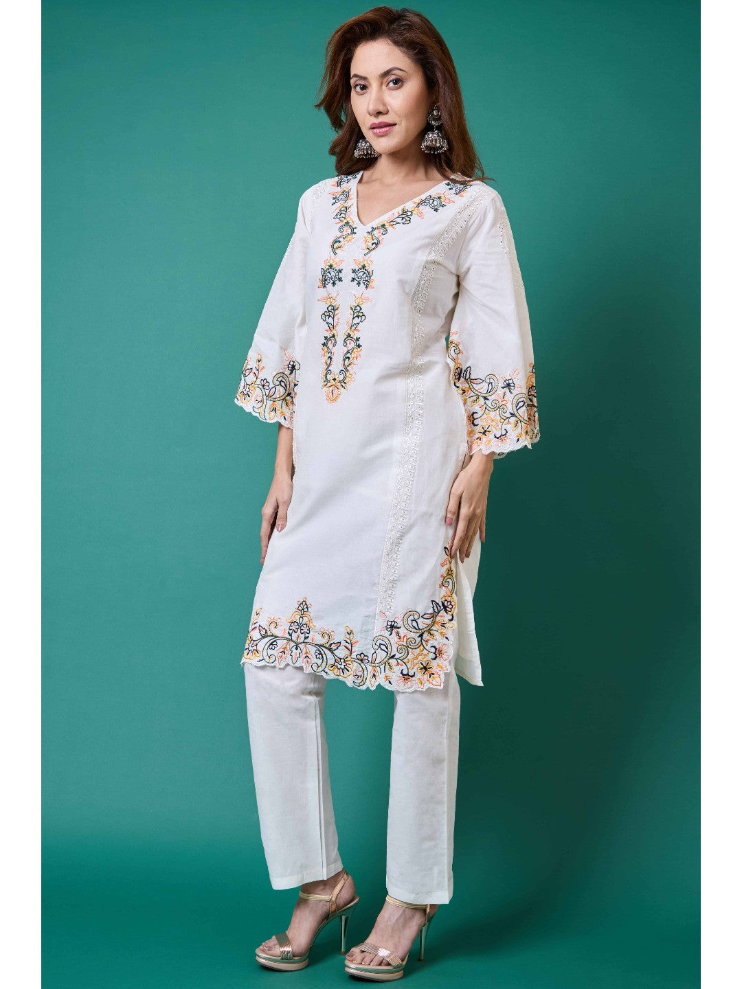White Floral Embroidery Pure Cotton Co-Ord Set - Image 4
