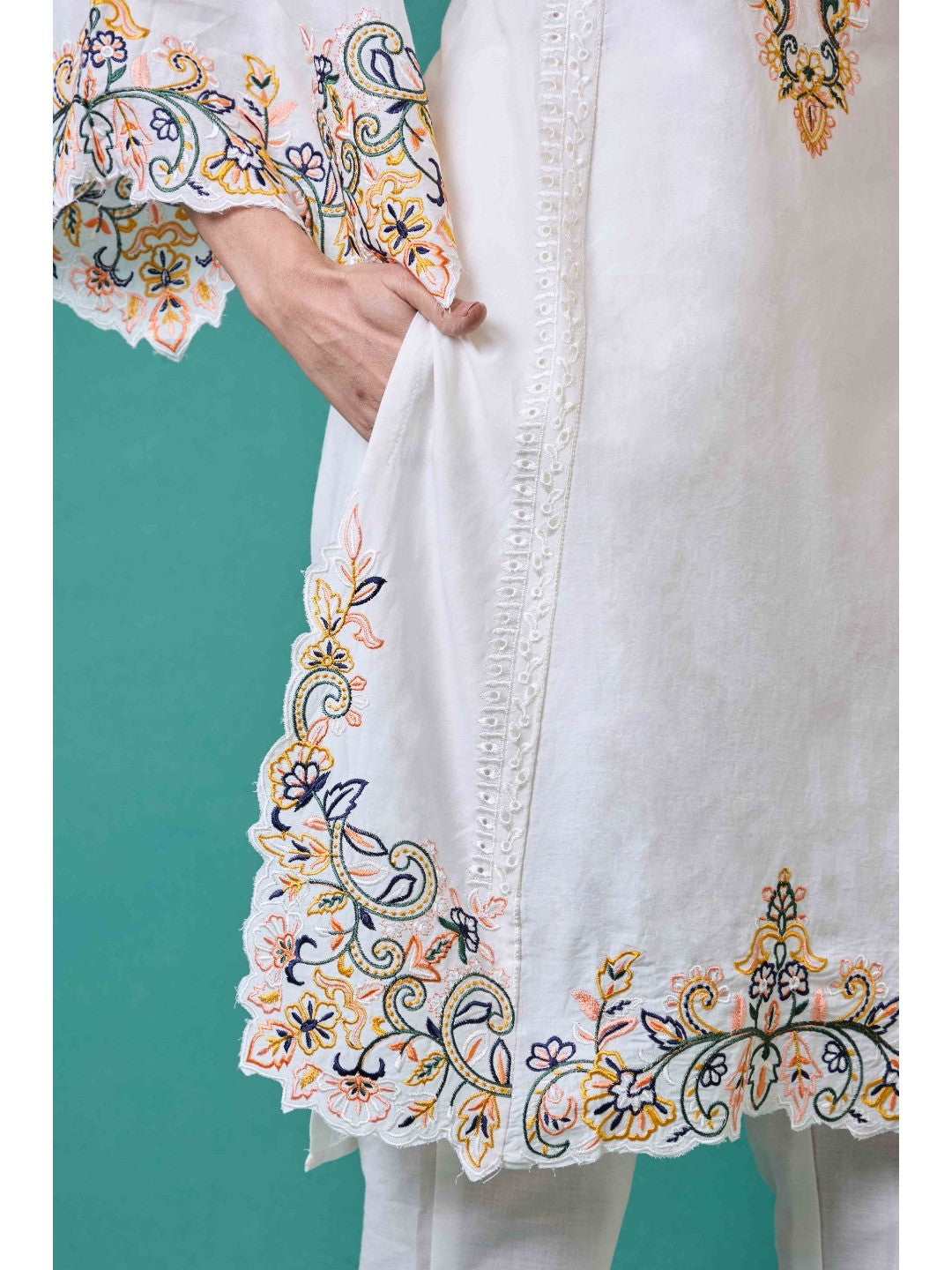 White Floral Embroidery Pure Cotton Co-Ord Set - Image 5