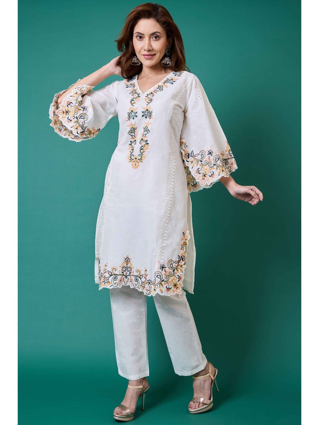 White Floral Embroidery Pure Cotton Co-Ord Set - Image 9