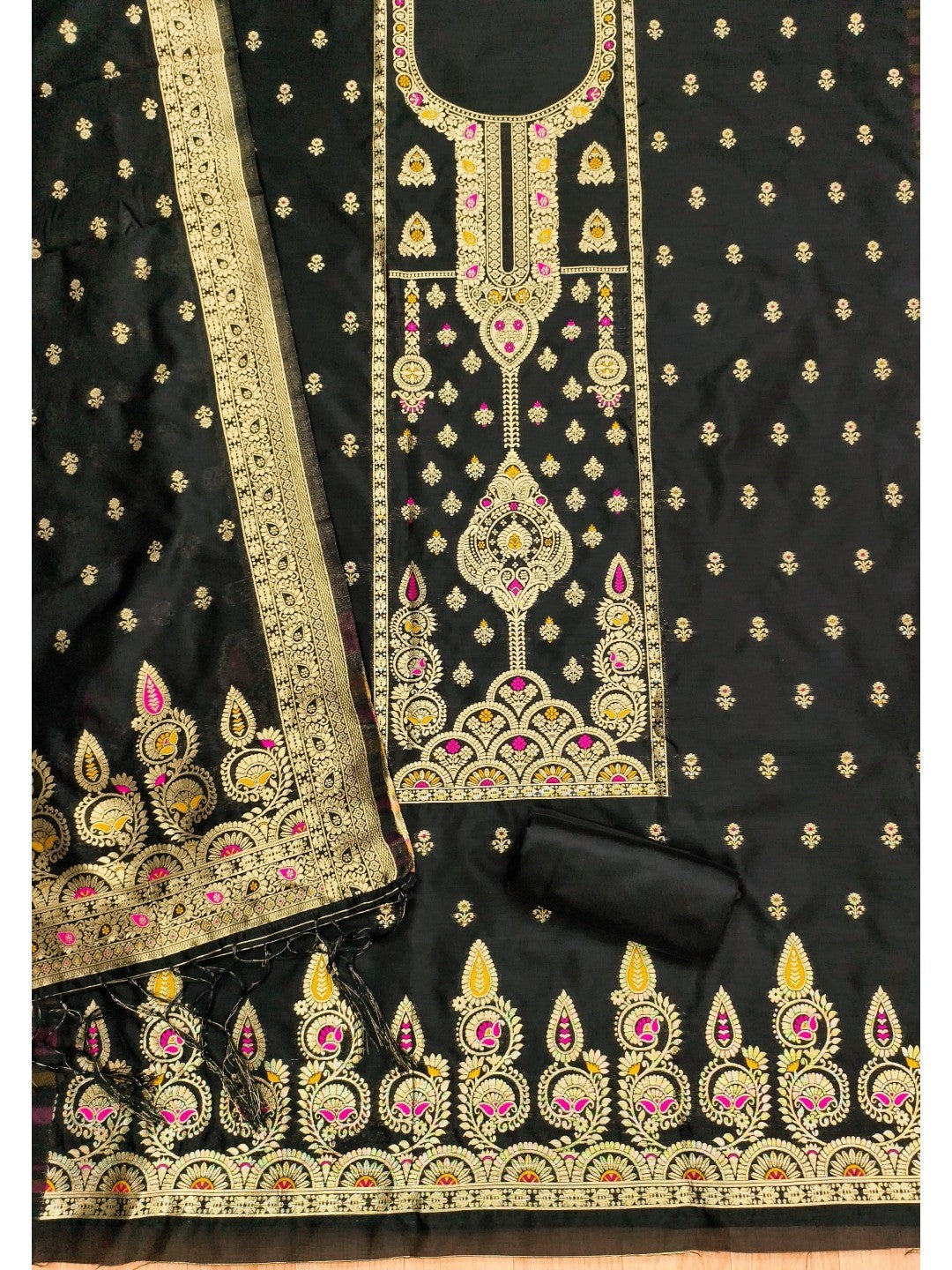 Luxurious Black Banarasi Silk Dress Material Showcasing Rich Floral Zari Weaving Design - Image 3