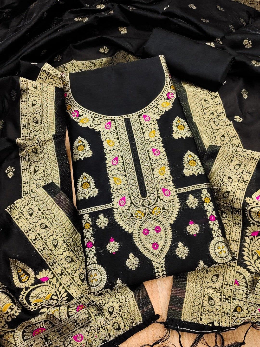 Luxurious Black Banarasi Silk Dress Material Showcasing Rich Floral Zari Weaving Design - Image 4