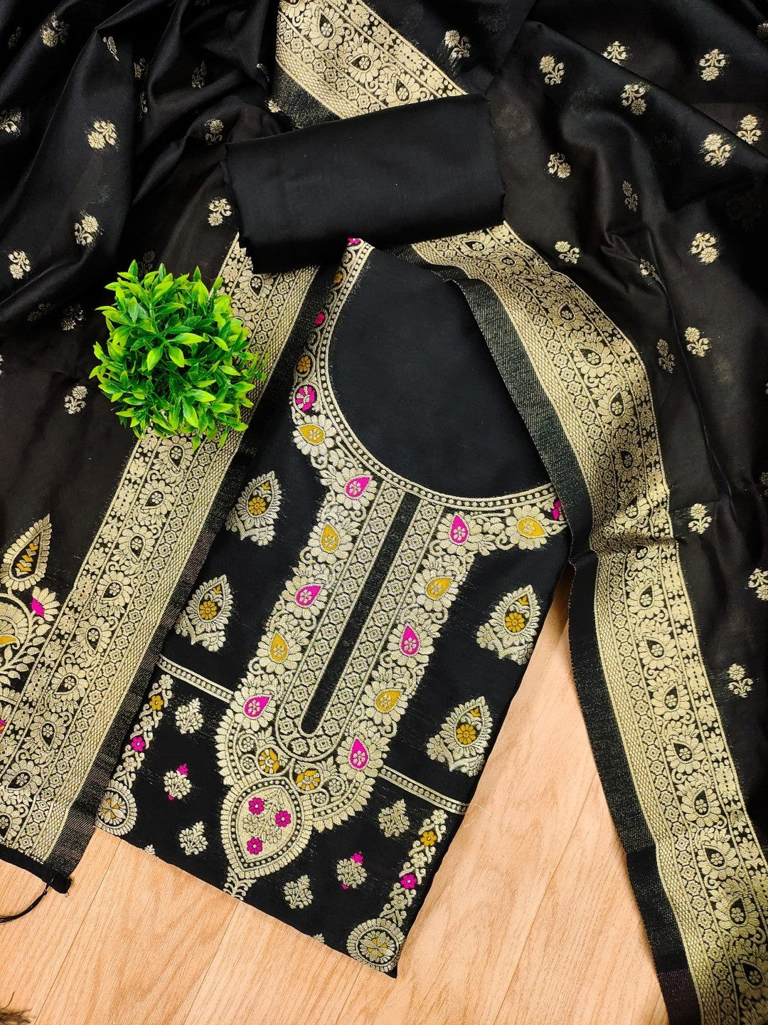 Luxurious Black Banarasi Silk Dress Material Showcasing Rich Floral Zari Weaving Design - Image 1