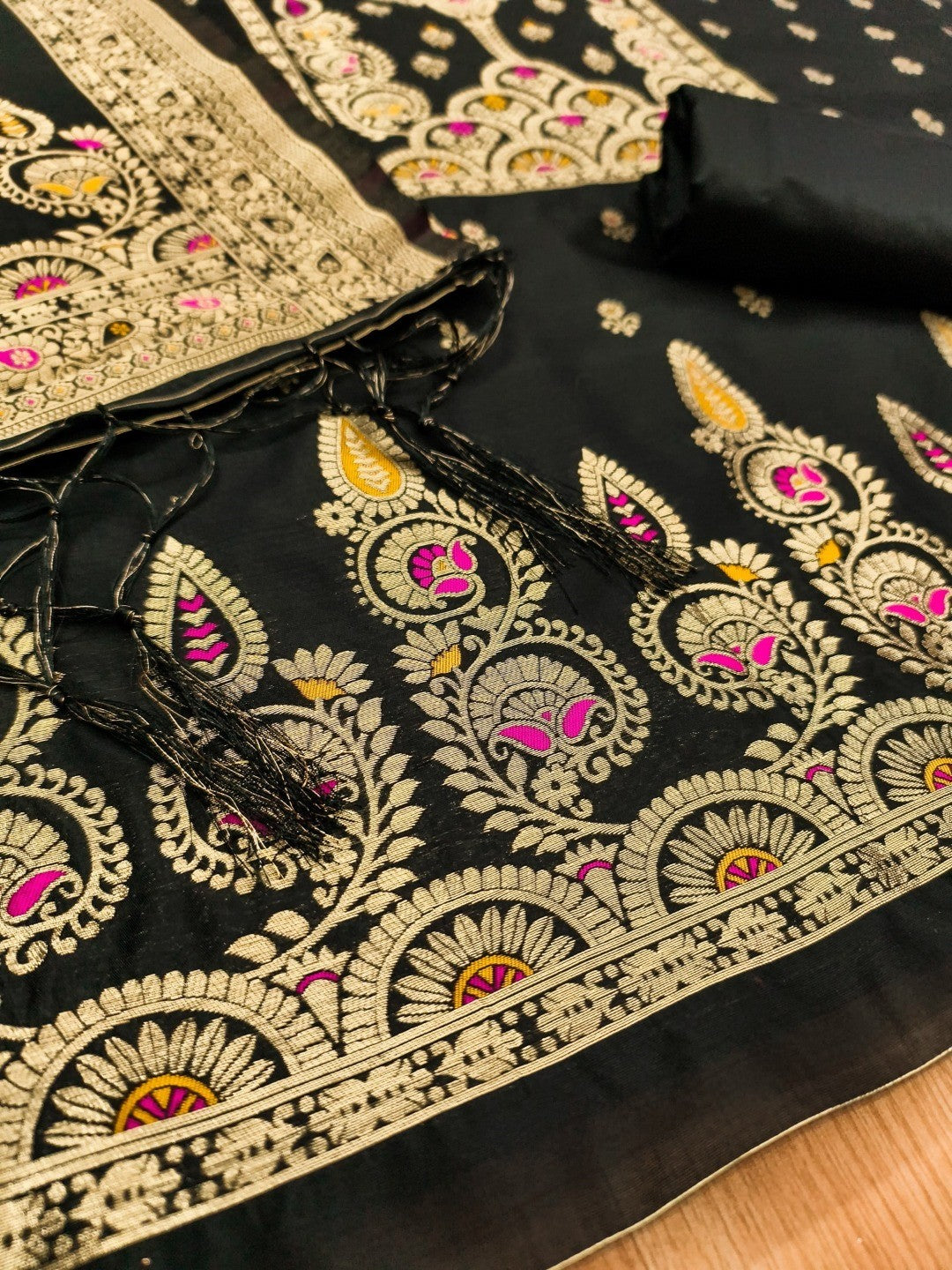 Luxurious Black Banarasi Silk Dress Material Showcasing Rich Floral Zari Weaving Design - Image 2