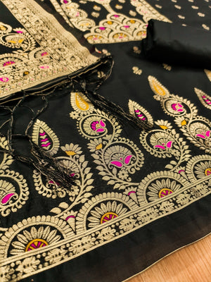 Luxurious Black Banarasi Silk Dress Material Showcasing Rich Floral Zari Weaving Design - Image 2