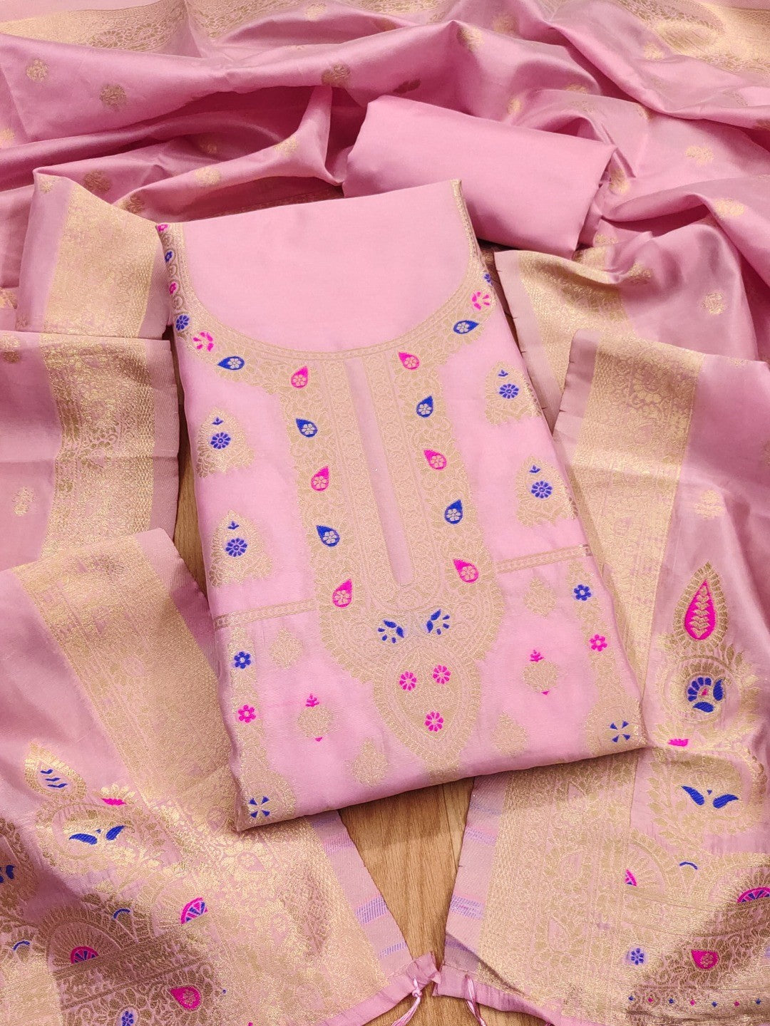 Luxurious Pink Banarasi Silk Dress Material Showcasing Rich Floral Zari Weaving Design - Image 1