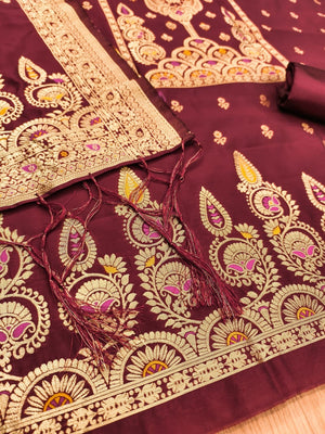 Luxurious Maroon Banarasi Silk Dress Material Showcasing Rich Floral Zari Weaving Design - Image 2