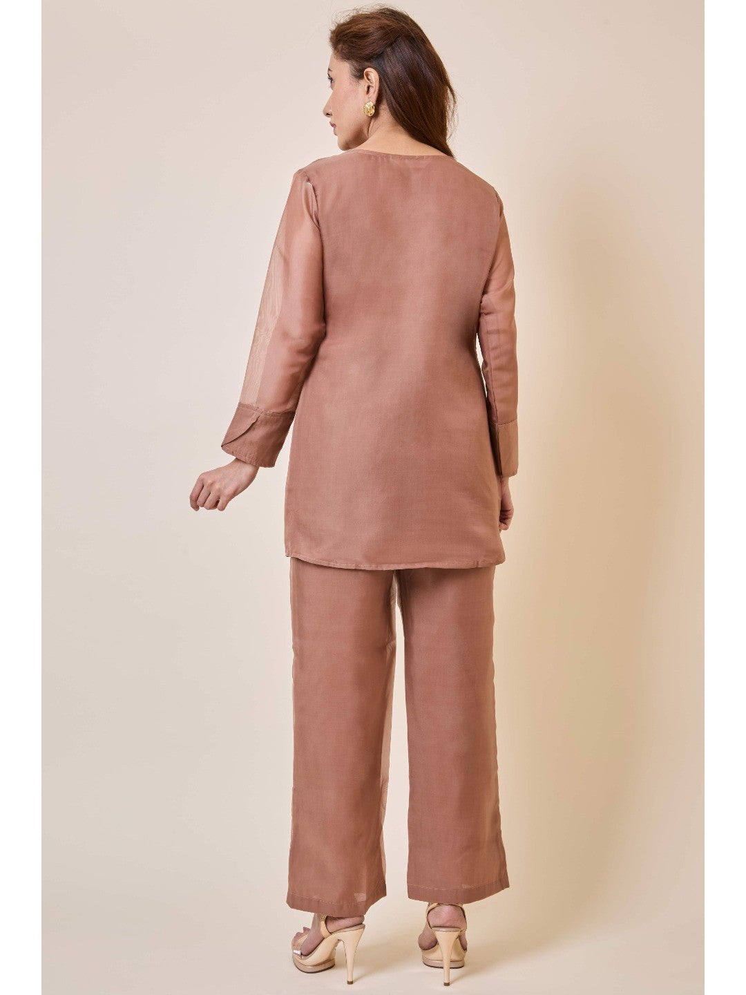 Brown Floral Embroidery Organza Co-Ord Set - Image 2