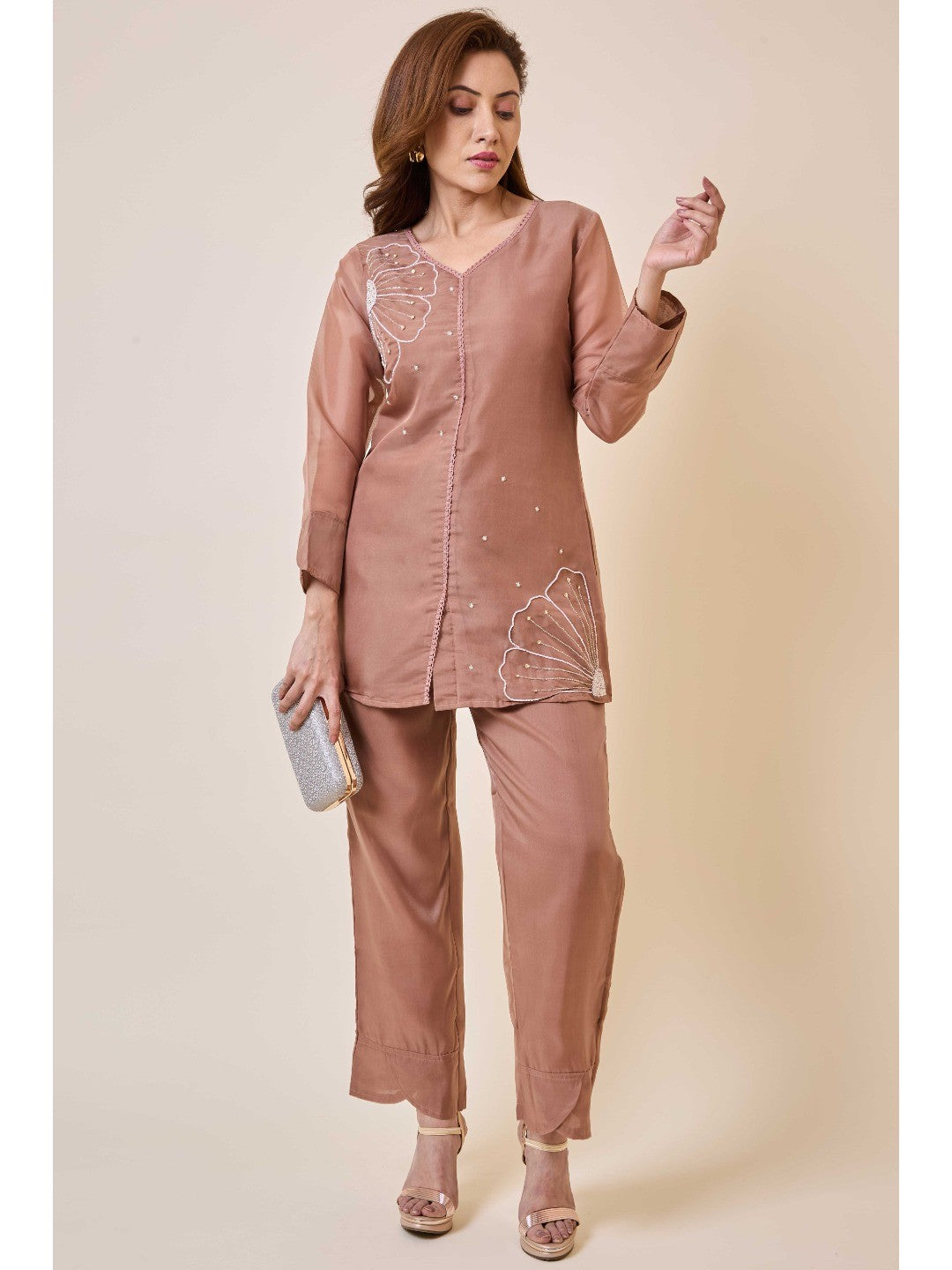 Brown Floral Embroidery Organza Co-Ord Set - Image 8