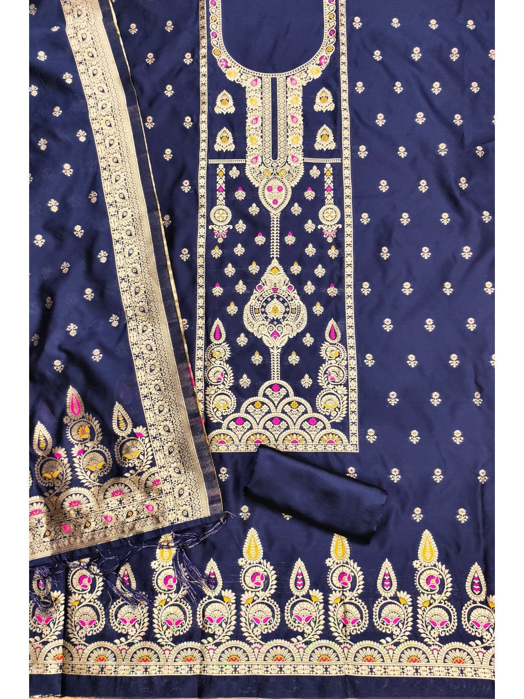 Luxurious Navy Blue Banarasi Silk Dress Material Showcasing Rich Floral Zari Weaving Design - Image 3