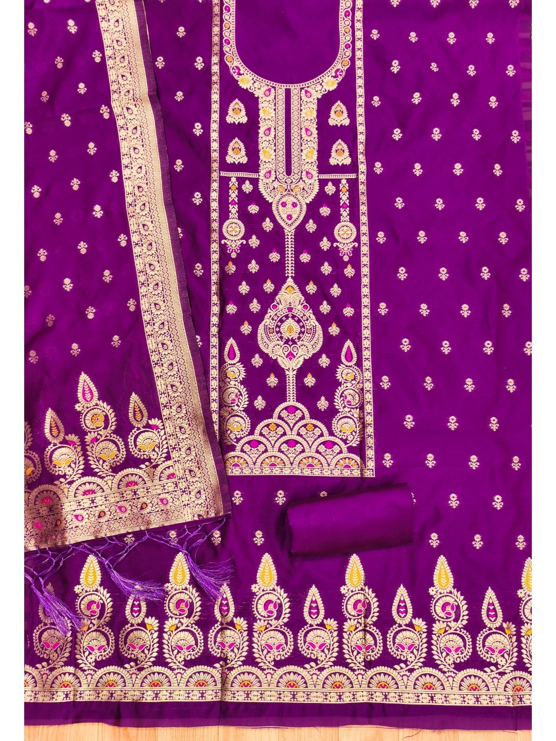 Luxurious Purple Banarasi Silk Dress Material Showcasing Rich Floral Zari Weaving Design - Image 4