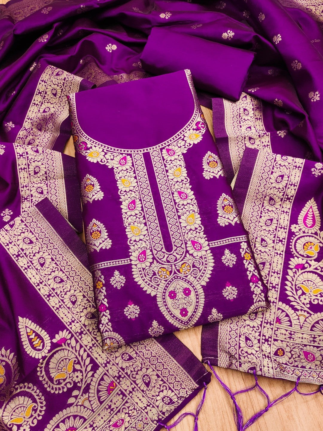Luxurious Purple Banarasi Silk Dress Material Showcasing Rich Floral Zari Weaving Design - Image 1