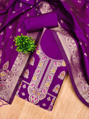 Luxurious Purple Banarasi Silk Dress Material Showcasing Rich Floral Zari Weaving Design - Image 1