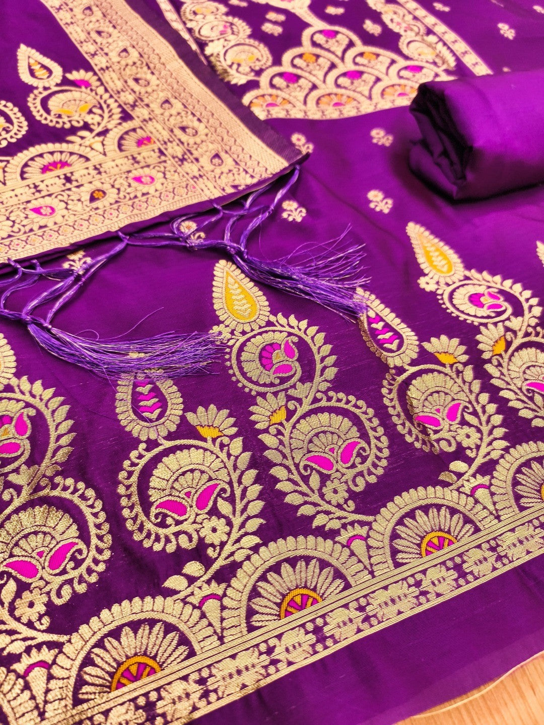 Luxurious Purple Banarasi Silk Dress Material Showcasing Rich Floral Zari Weaving Design - Image 3