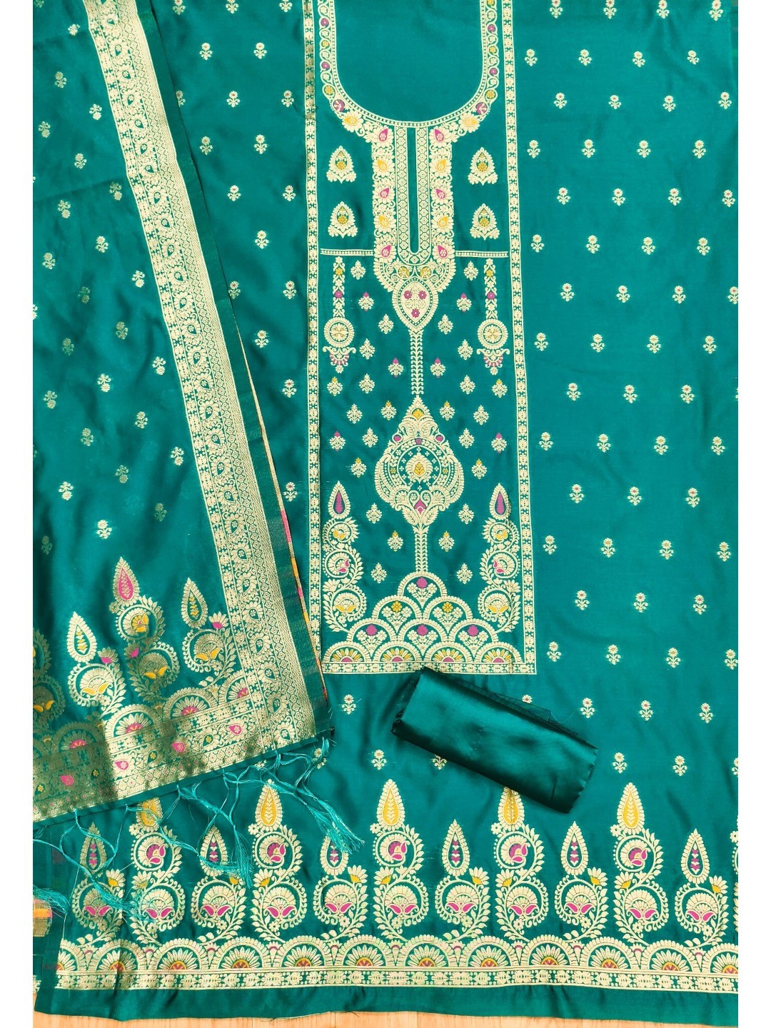 Luxurious Rama Blue Banarasi Silk Dress Material Showcasing Rich Floral Zari Weaving Design - Image 4