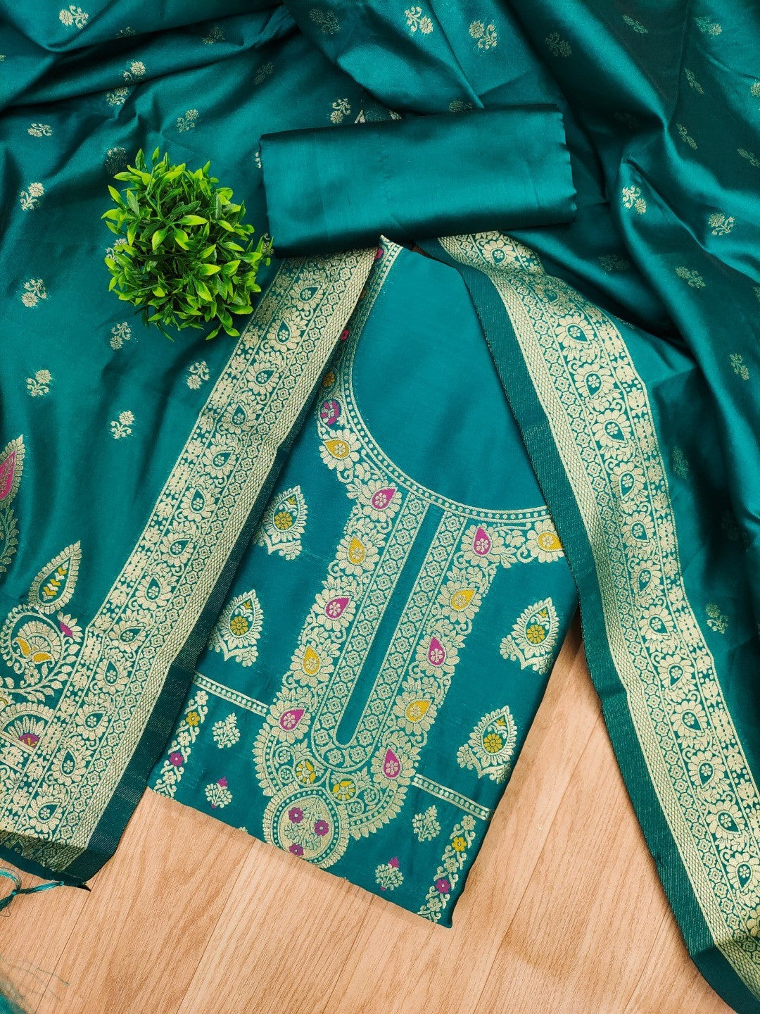 Luxurious Rama Blue Banarasi Silk Dress Material Showcasing Rich Floral Zari Weaving Design - Image 2