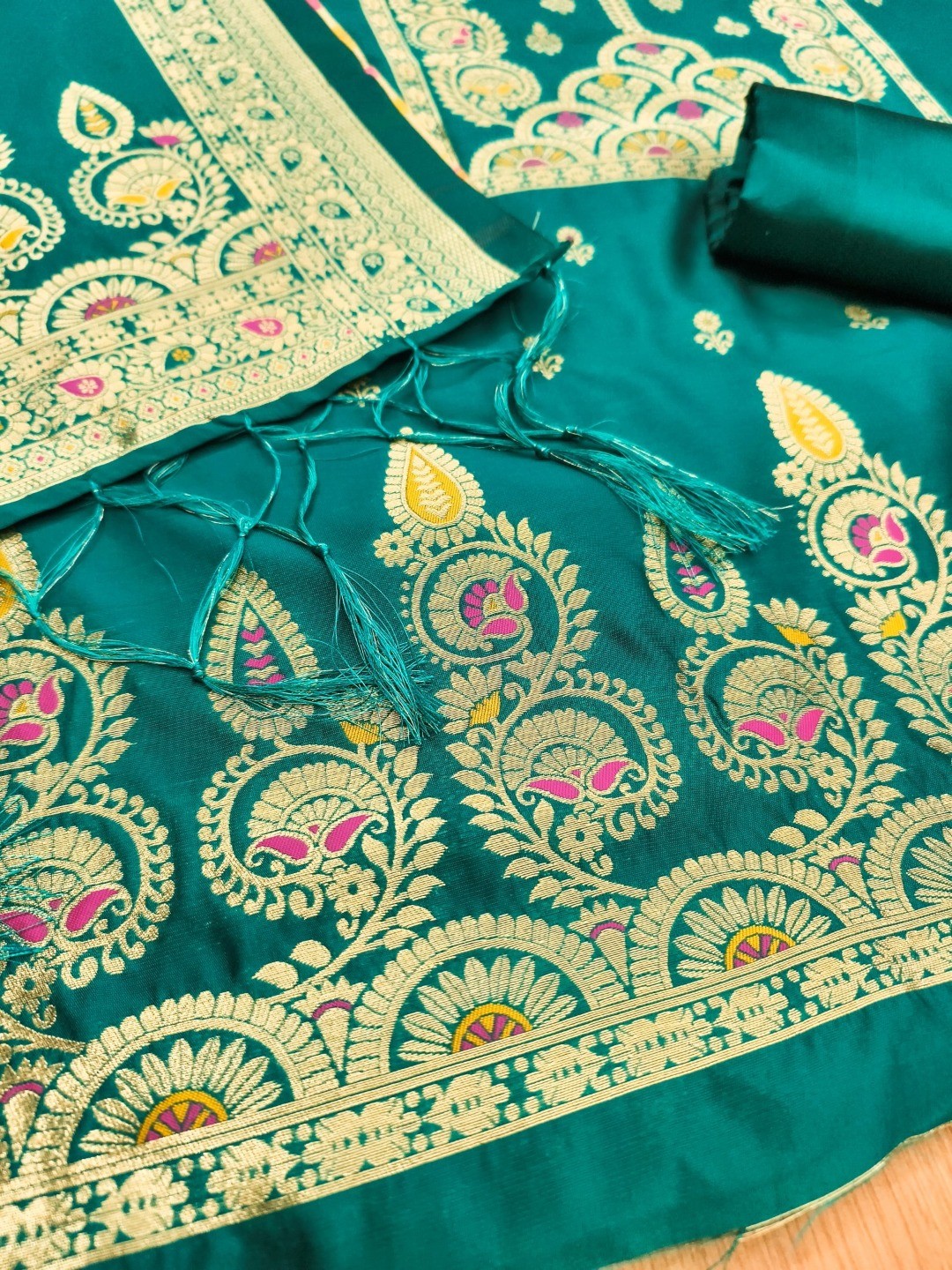 Luxurious Rama Blue Banarasi Silk Dress Material Showcasing Rich Floral Zari Weaving Design - Image 3